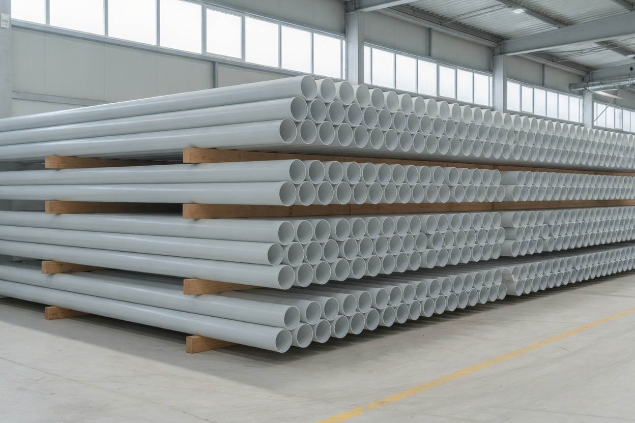 Bundles of light-coloured pipes stacked on timber gluts in a warehouse, beside a red scissor lift.
